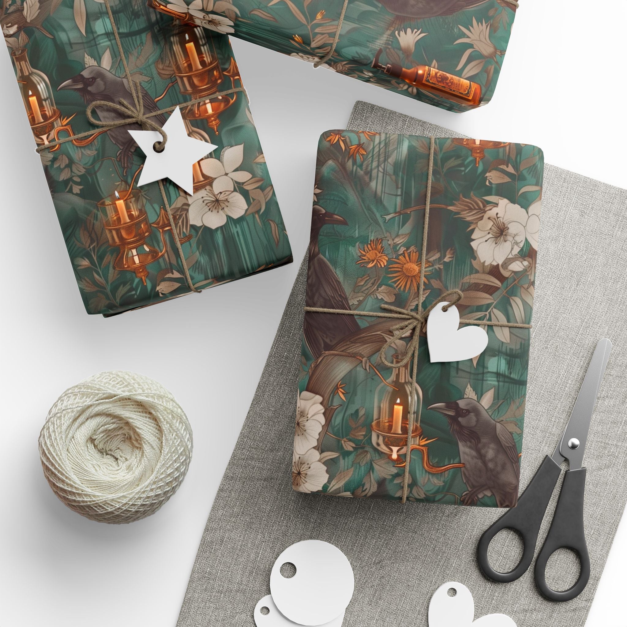 Witchcore Crow Candle Wrapping Paper, Southern Gothic Botanical Gift Wrap with Apothecary Bottles