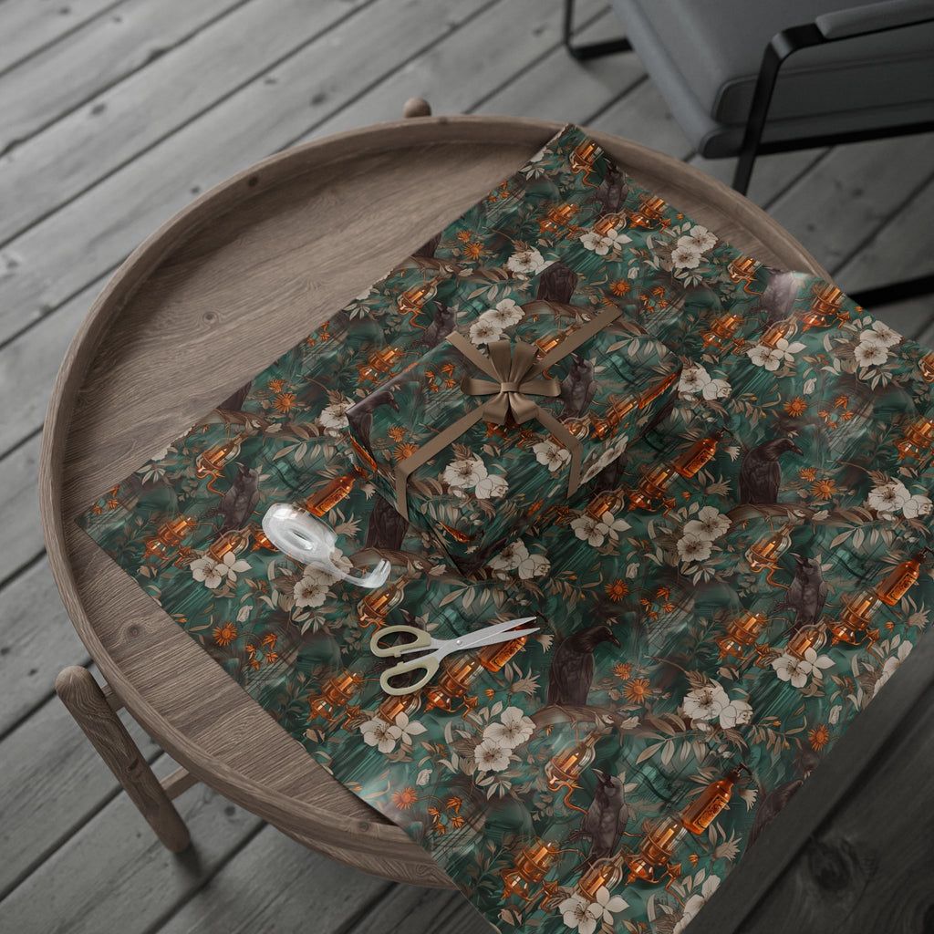 Witchcore Crow Candle Wrapping Paper, Southern Gothic Botanical Gift Wrap with Apothecary Bottles