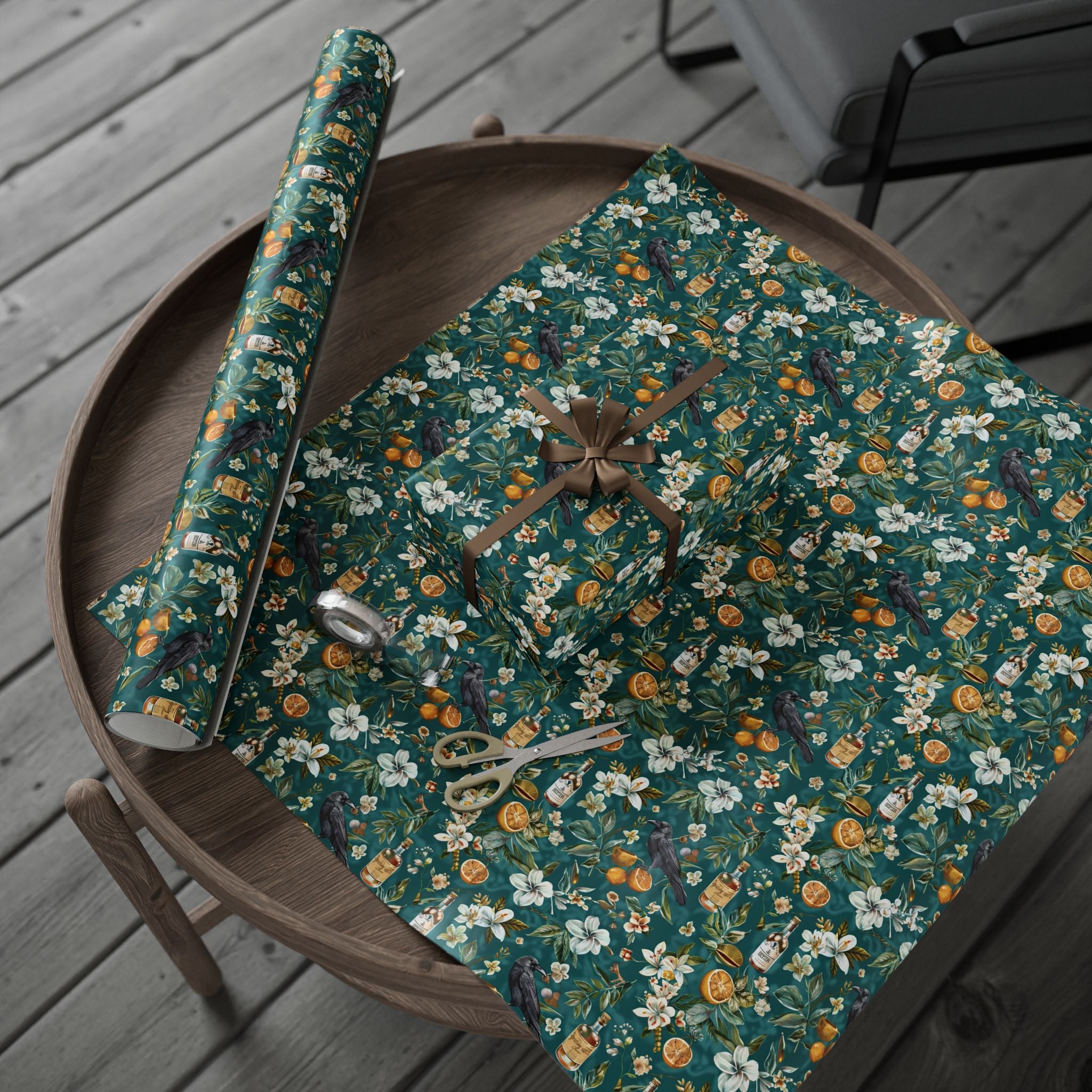 Southern Gothic Magnolia Crow Wrapping Paper  - Witchcore Botanical Gift Wrap with Citrus, vintage whiskey