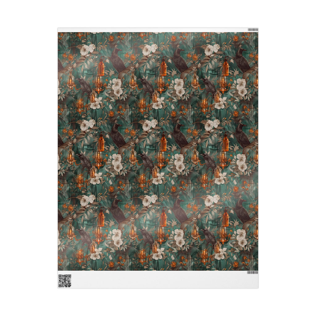 Witchcore Crow Candle Wrapping Paper, Southern Gothic Botanical Gift Wrap with Apothecary Bottles