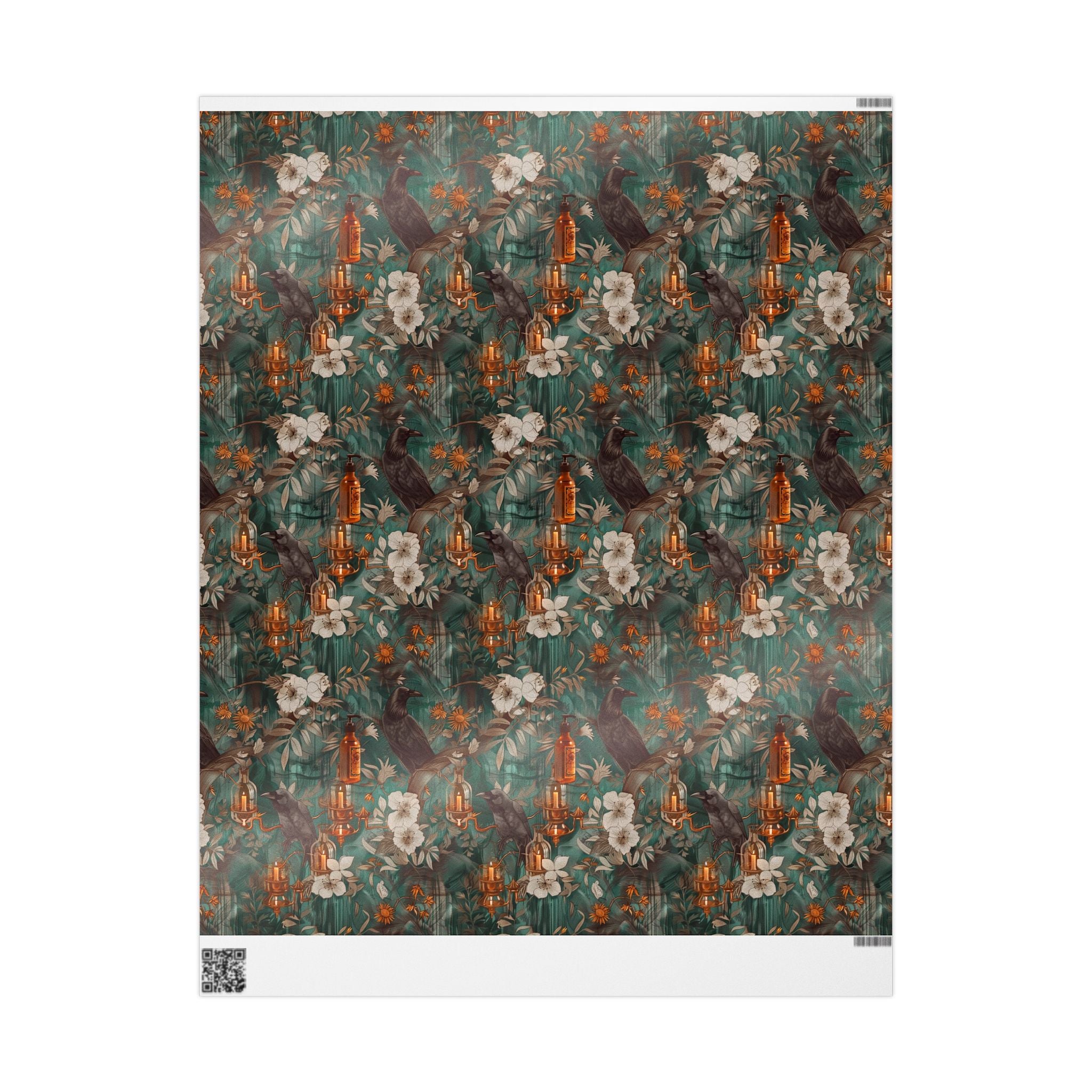 Witchcore Crow Candle Wrapping Paper, Southern Gothic Botanical Gift Wrap with Apothecary Bottles