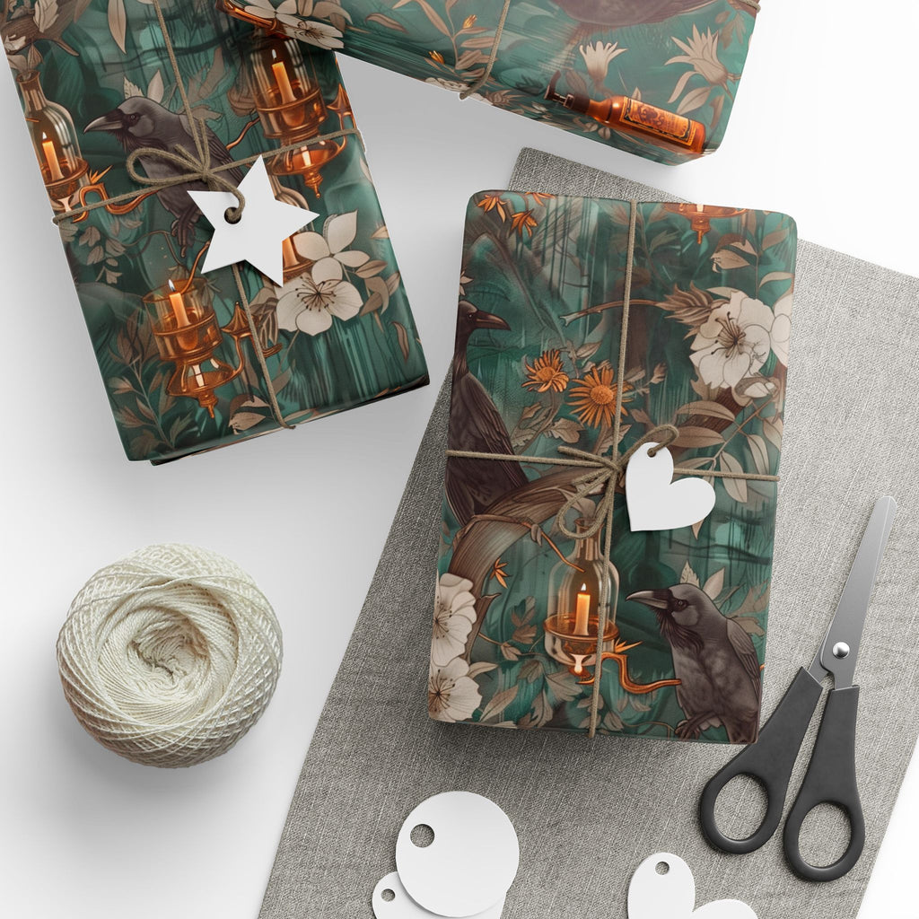 Witchcore Crow Candle Wrapping Paper, Southern Gothic Botanical Gift Wrap with Apothecary Bottles