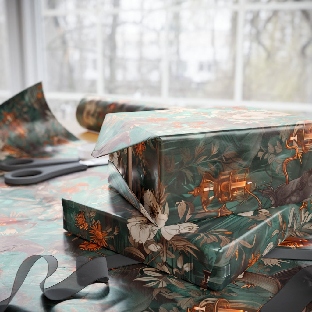 Witchcore Crow Candle Wrapping Paper, Southern Gothic Botanical Gift Wrap with Apothecary Bottles