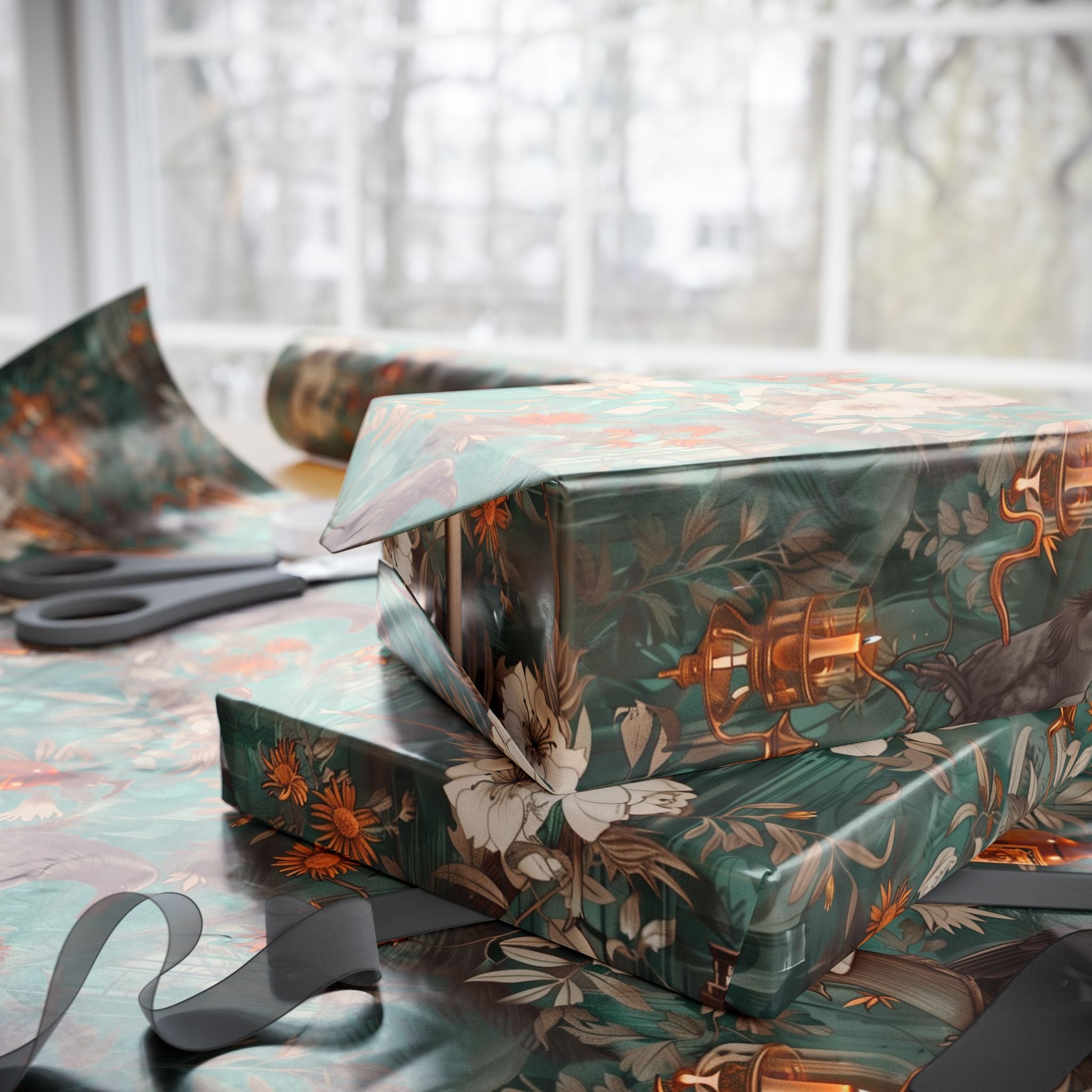 Witchcore Crow Candle Wrapping Paper, Southern Gothic Botanical Gift Wrap with Apothecary Bottles