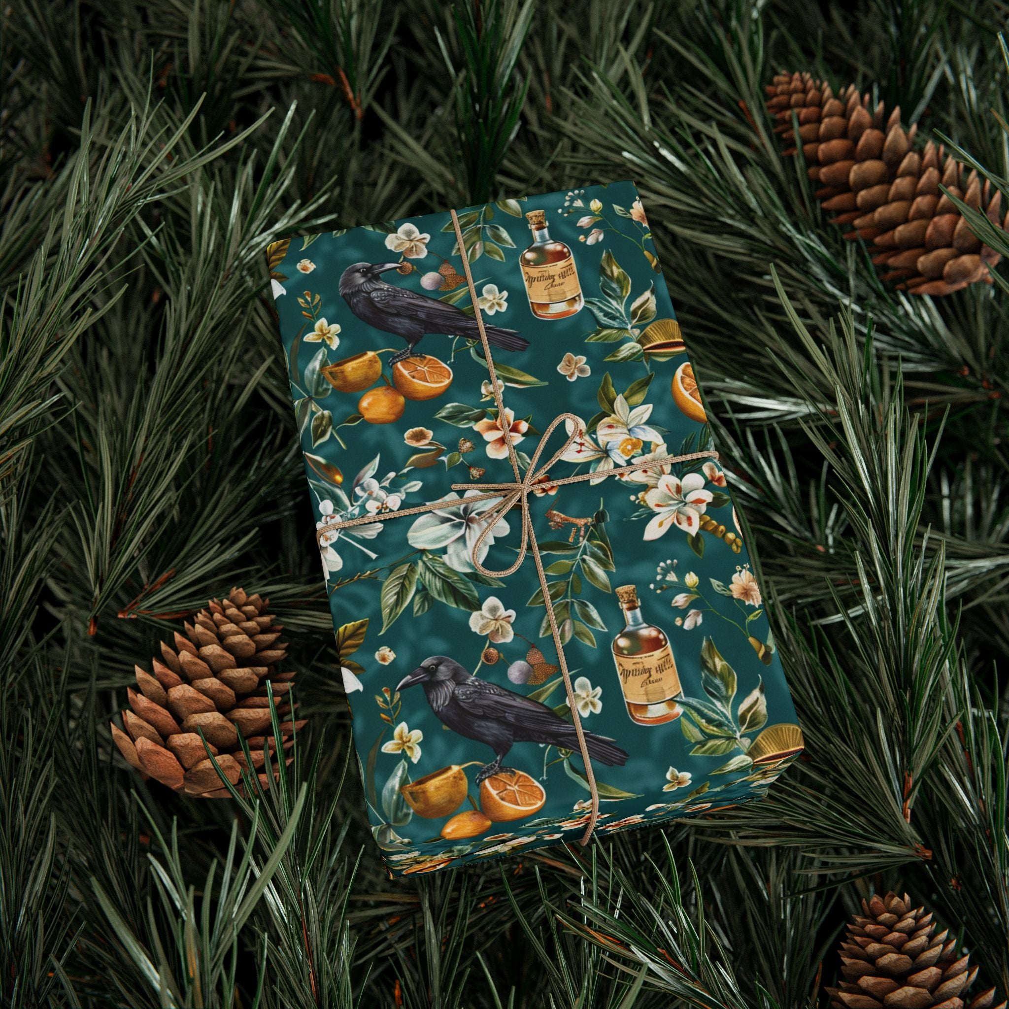 Southern Gothic Magnolia Crow Wrapping Paper  - Witchcore Botanical Gift Wrap with Citrus, vintage whiskey