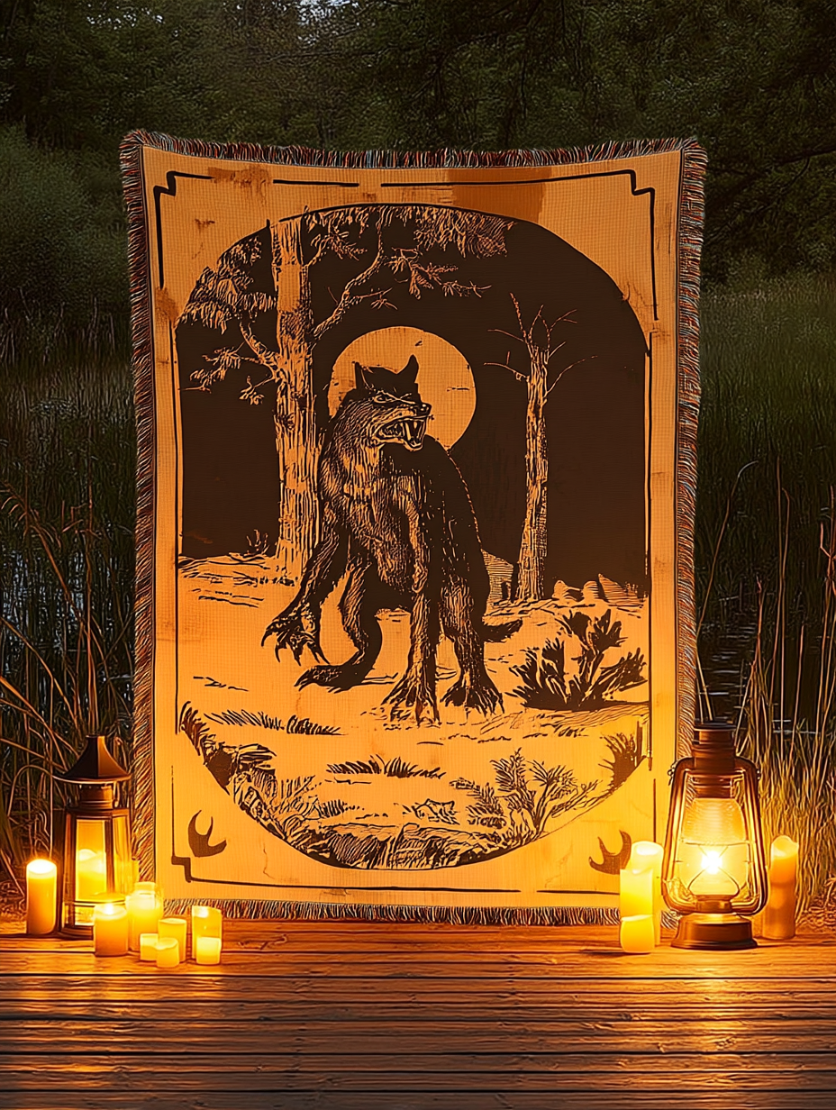 Rougarou Woven Blanket — Cajun Werewolf Folk-Art Throw