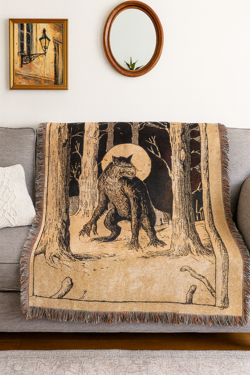 Rougarou Woven Blanket — Cajun Werewolf Folk-Art Throw