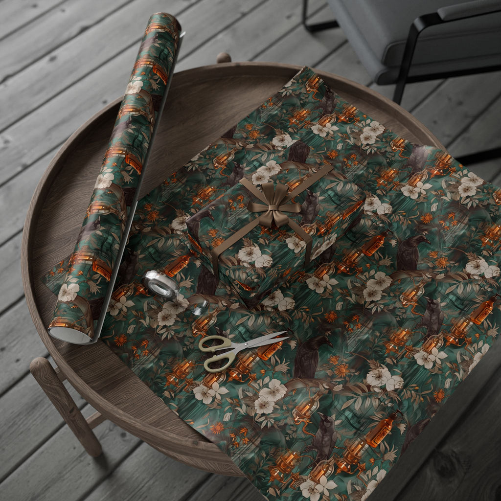 Witchcore Crow Candle Wrapping Paper, Southern Gothic Botanical Gift Wrap with Apothecary Bottles