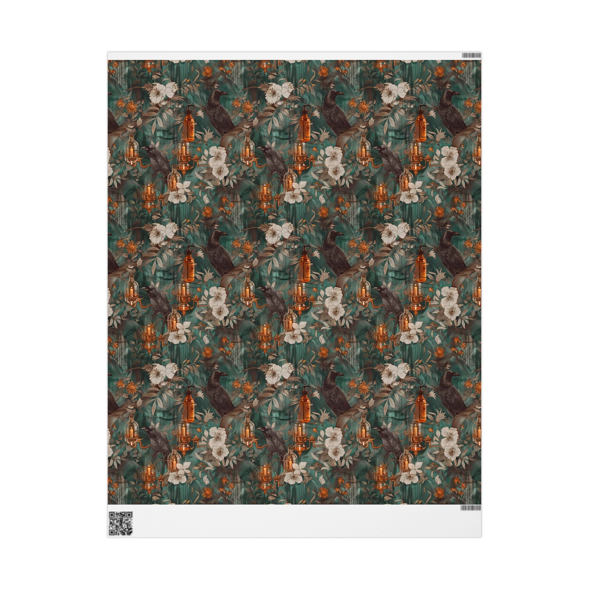 Witchcore Crow Candle Wrapping Paper, Southern Gothic Botanical Gift Wrap with Apothecary Bottles
