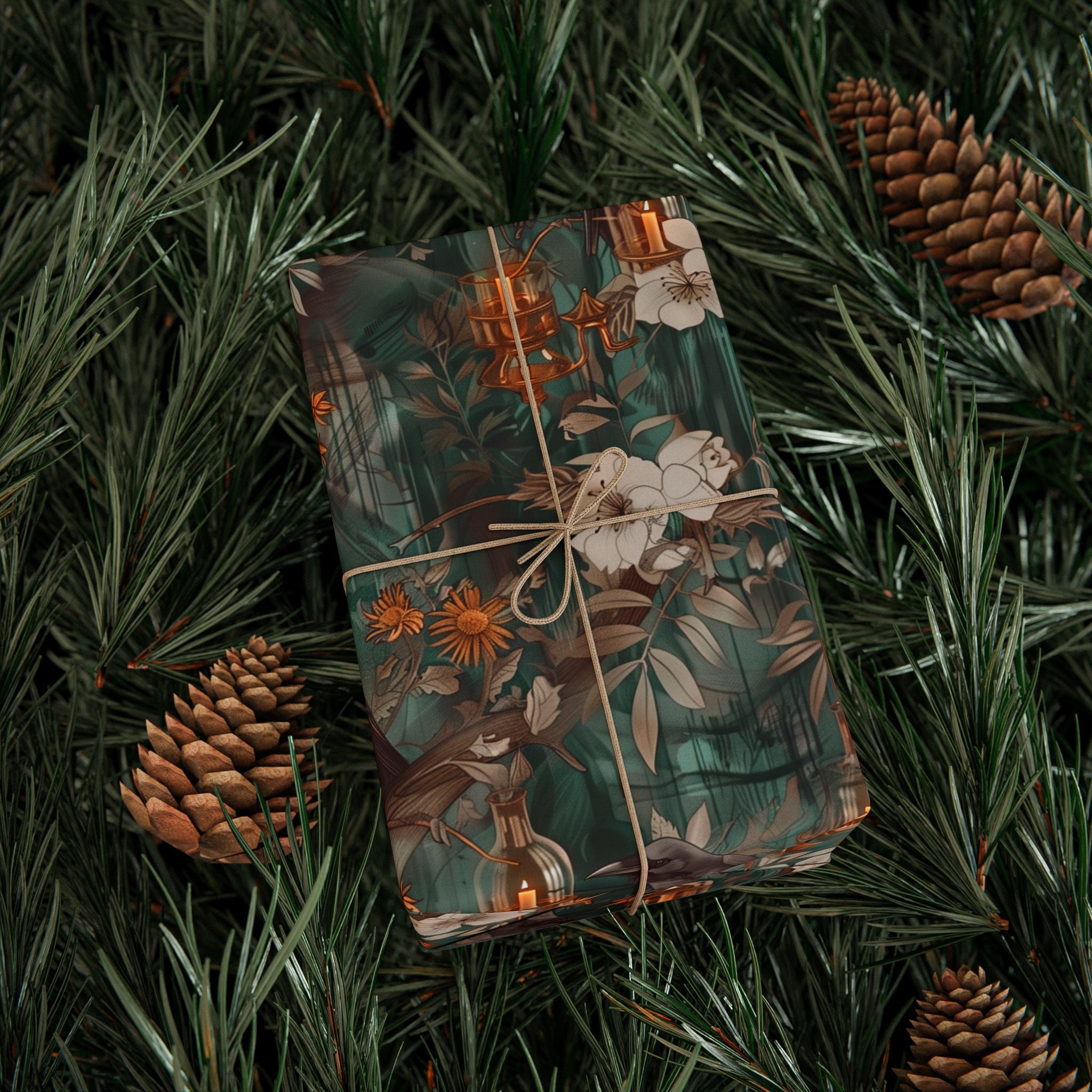 Witchcore Crow Candle Wrapping Paper, Southern Gothic Botanical Gift Wrap with Apothecary Bottles