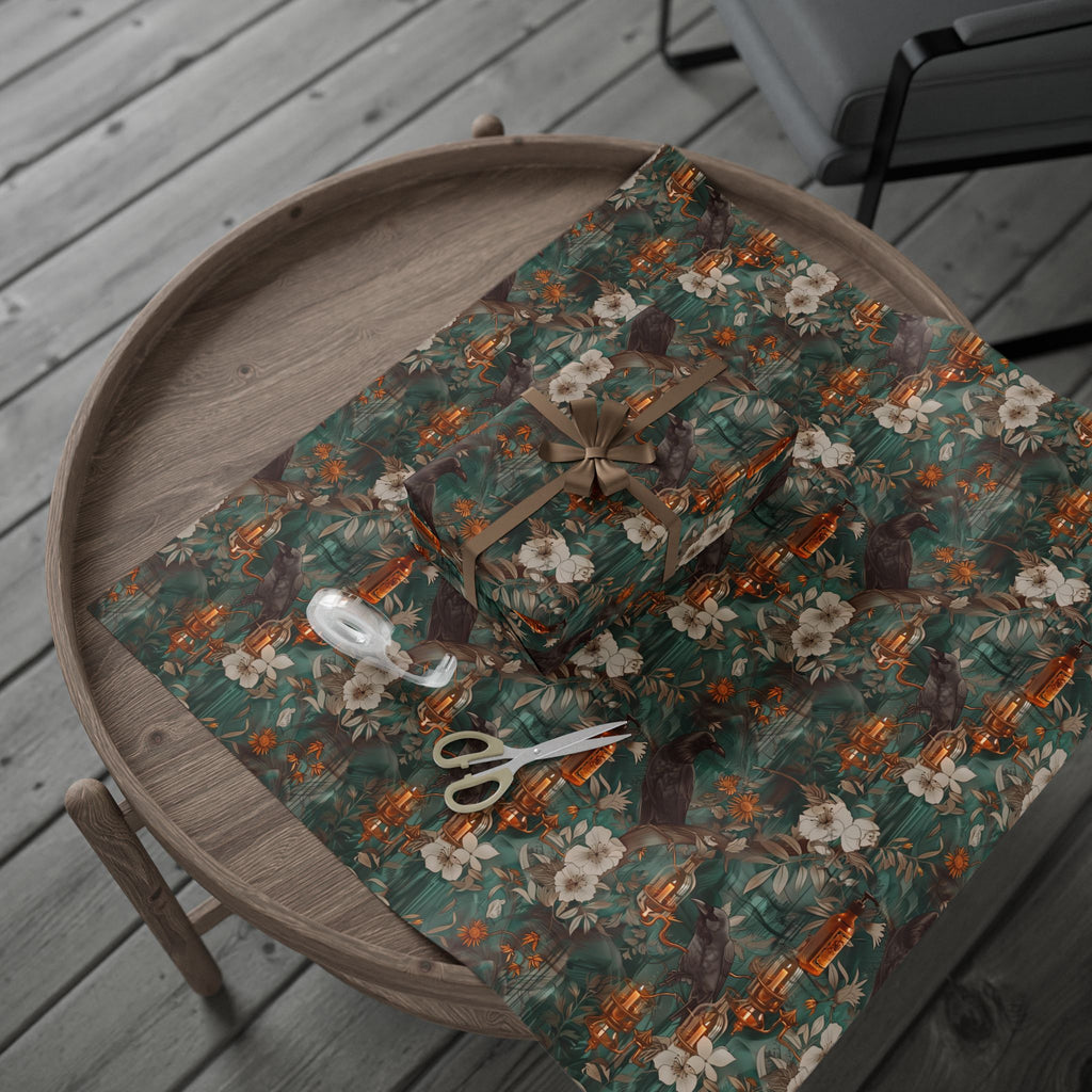 Witchcore Crow Candle Wrapping Paper, Southern Gothic Botanical Gift Wrap with Apothecary Bottles