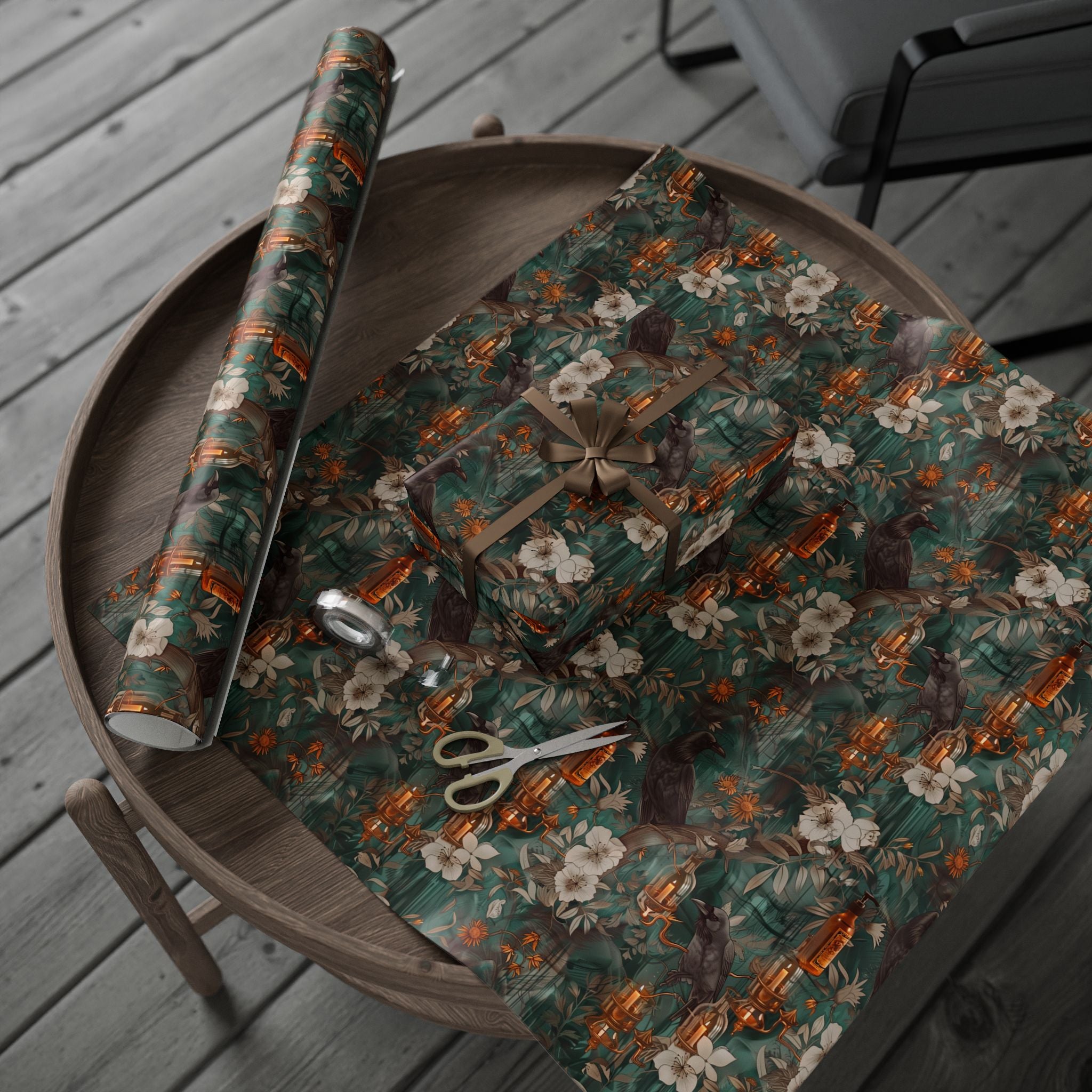 Witchcore Crow Candle Wrapping Paper, Southern Gothic Botanical Gift Wrap with Apothecary Bottles