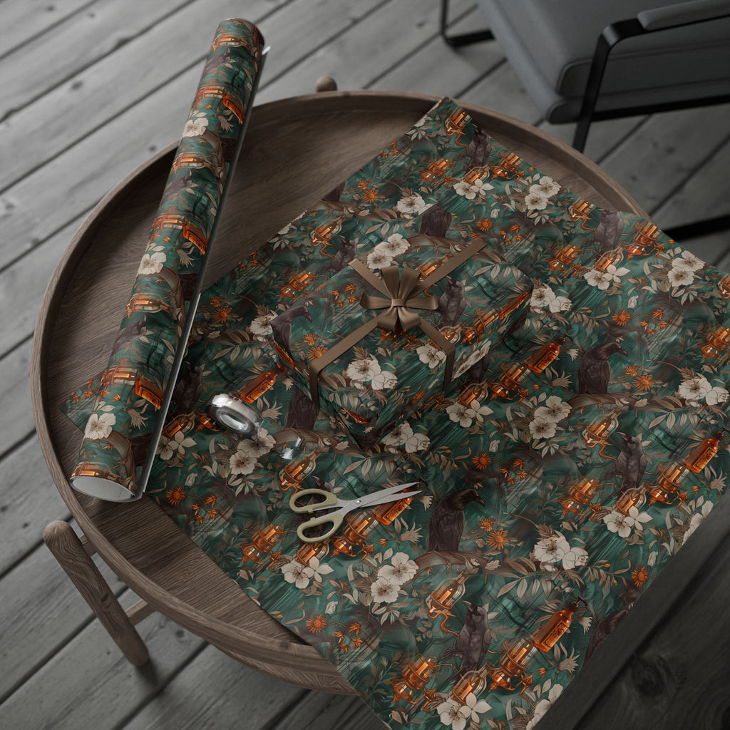 Witchcore Crow Candle Wrapping Paper, Southern Gothic Botanical Gift Wrap with Apothecary Bottles